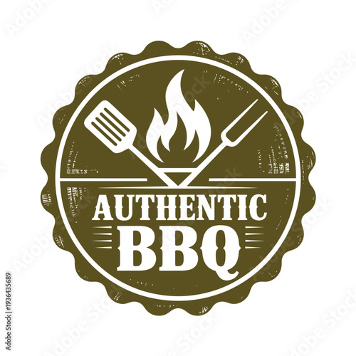 A circular logo featuring grilling tools and the text authentic bbq