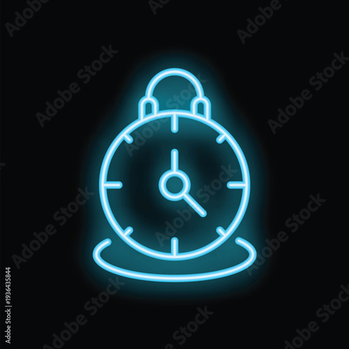 Blue neon sign showing a vintage alarm clock glowing on black background