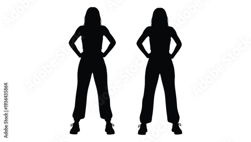 Two identical silhouettes of women standing with hands on hips against white