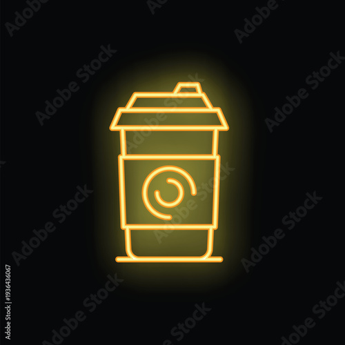 Simple yellow neon sign showing a generic coffee cup with a lid on a black background