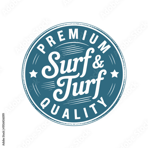 A circular premium quality stamp featuring Surf Turf lettering