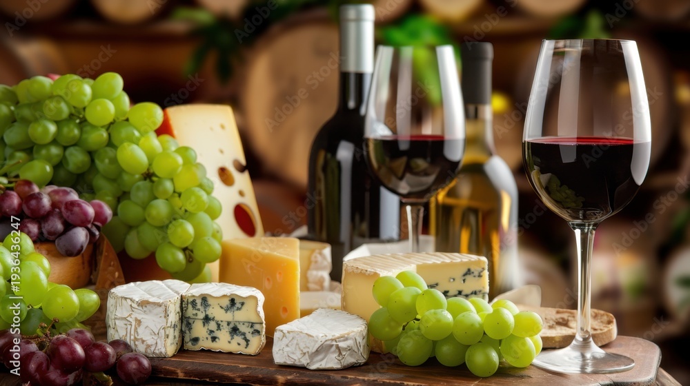 Fototapeta premium Elegant Wine and Cheese Arrangement with Fresh Grapes and Assorted Cheeses on a Wooden Table