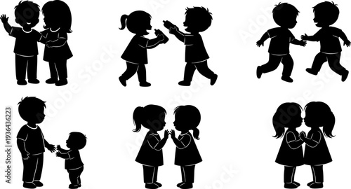 Kids friendship silhouettes collection, children playing together vector illustration isolated black silhouette bundle childhood friends relationship love