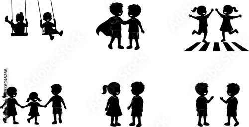 Kids friendship silhouette collection, children playing talking and helping poses set isolated on white background illustration for education design