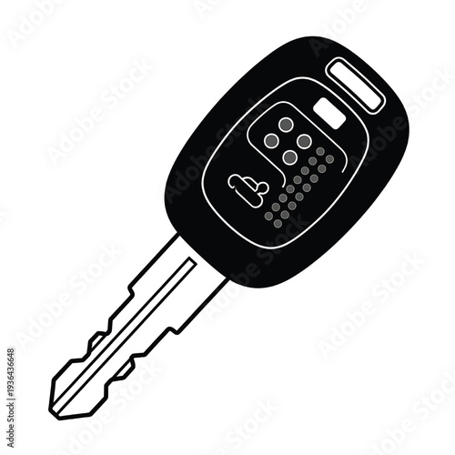 Car key with buttons and indentations for ignition and lock symbols depicted in a simple black and white graphic illustration
