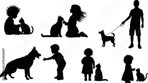 Kids with pets silhouettes collection, children playing dog cat vector illustration isolated black silhouette bundle friendship love