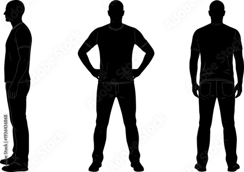 Man silhouette front side back view collection isolated vector illustration male human body standing black shape reference set bundle