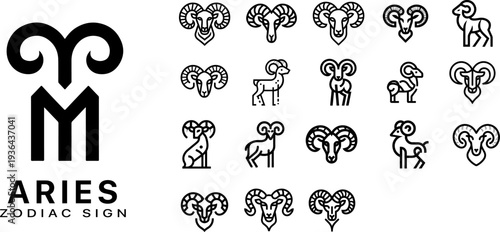 Aries zodiac sign line art icons set, minimalist ram head astrology symbols with modern outline