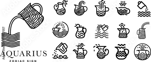 Aquarius zodiac sign line art icons set, minimalist astrology symbols with modern wave patterns