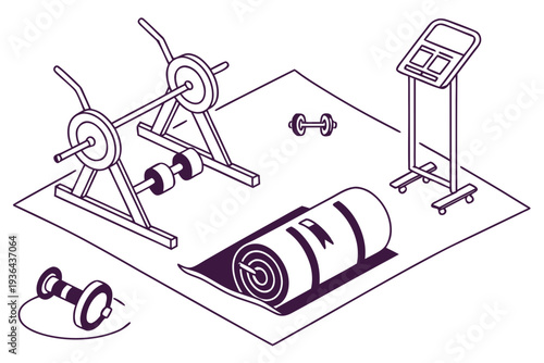 A drawing of exercise equipment on a gym mat