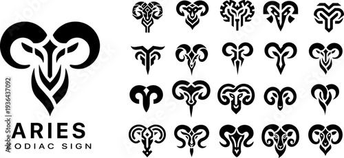 Aries zodiac sign abstract geometric icons, monochrome ram head symbols for modern branding