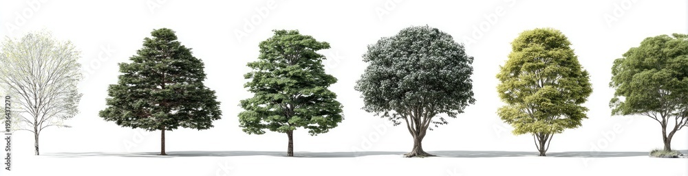 Obraz premium A series of six different tree illustrations, isolated on a white background, variety of species