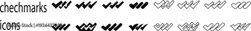 Checkmark icon set. Checked checkbox sign. Approved symbol. Perfect for task management, Quality sign icon. Checklist symbols. Approval tasks, to do lists, forms, and productivity related projects
