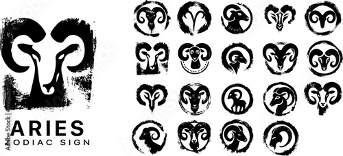 Aries zodiac sign vintage stamp icons set, monochrome ram symbols with grunge ink texture