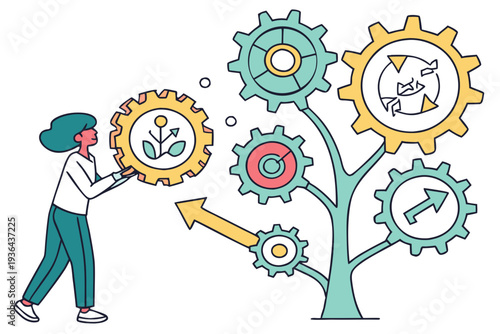 A person interacts with a tree of gears