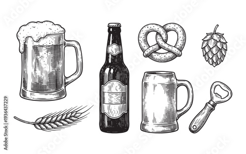Set of brewing elements including beer mug bottle hops and wooden barrel