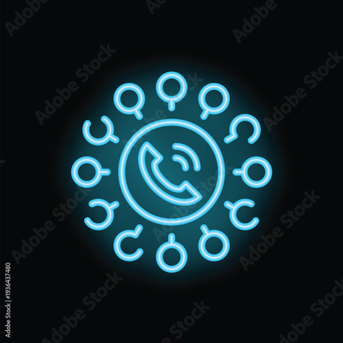 Bright blue neon icon depicting global communication and connectivity with a central phone symbol