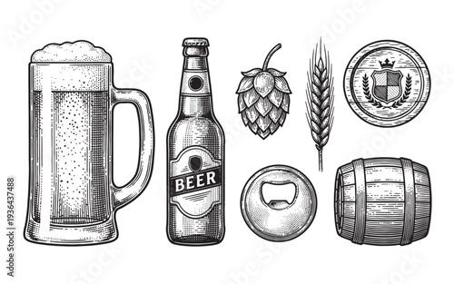 Set of brewing elements including beer mug bottle hops and wooden barrel