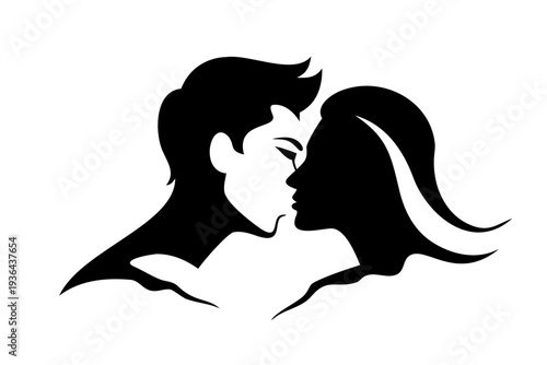 A black silhouette of a man and woman about to kiss