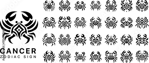 Cancer zodiac sign ethnic icons set, monochrome crab symbols with ancient tribal ornaments