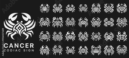 Cancer zodiac sign ethnic icons set, monochrome crab symbols with ancient tribal ornaments