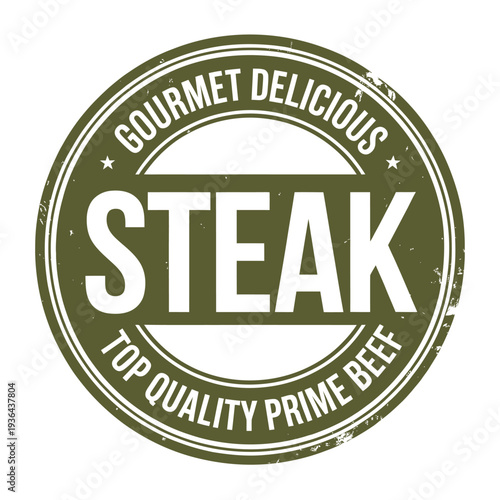 A circular gourmet steak label with text and star elements on a white background