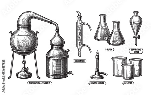 Antique Laboratory Distillation Apparatus and Chemical Glassware Set