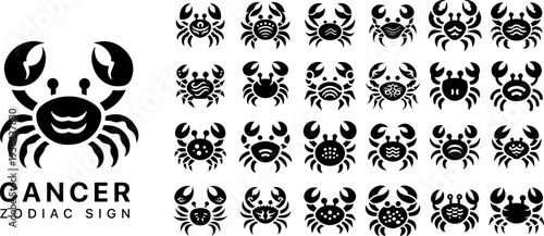 Cancer zodiac sign decorative silhouette icons, elegant crab astrology symbols with fluid shapes
