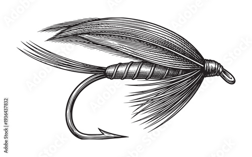 Vintage Fly Fishing Lure Sketch Antique Fisherman Tackle Illustration