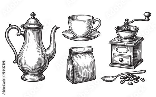 Vintage Coffee Brewing Set with Coffee Pot Grinder and Beans
