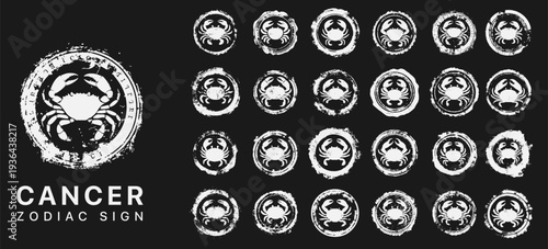 Cancer zodiac sign vintage stamp icons set, monochrome crab symbols with grunge ink texture
