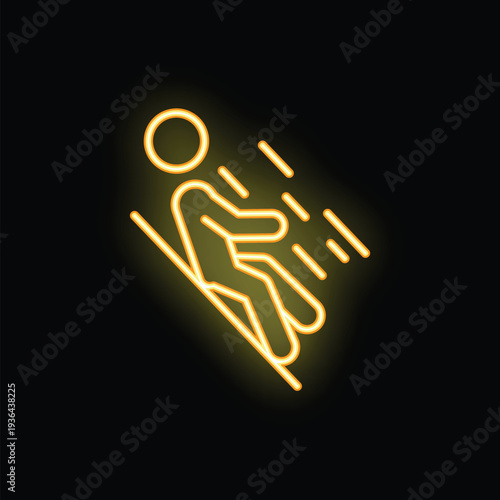 Yellow neon sign of a stick figure sliding downwards at high speed, representing concepts such as danger, risk and speed