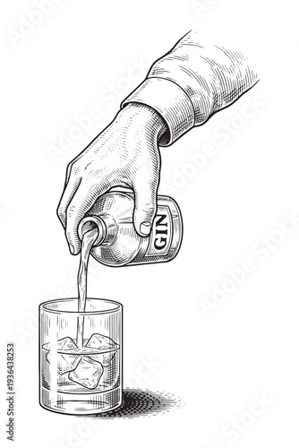 Vintage hand-drawn sketch of a hand pouring gin from a bottle into a glass with ice