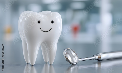 White tooth model with dental tool on clinic background, generative AI