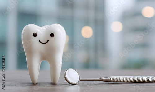 White tooth model with dental tool on clinic background, generative AI
