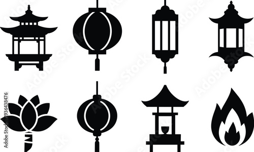 Asian culture silhouette set with lantern pagoda lotus and shrine icons traditional oriental symbols black vector illustration isolated on white background