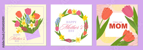 Wallpaper Mural Happy Mother s Day vector illustration set. Greeting cards with spring flowers bouquet in envelope, floral wreath with tulips, daffodils and hyacinths. I love you Mom lettering background. Torontodigital.ca