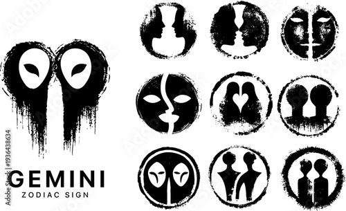 Gemini zodiac sign vintage stamp icons set, monochrome twins symbols with grunge ink texture
