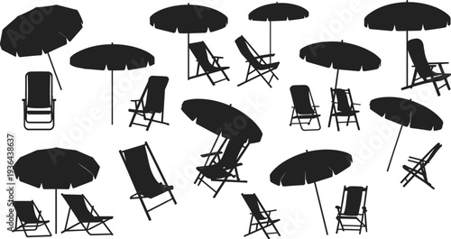 Beach umbrella and lounge chair silhouettes summer vacation seaside furniture set black vector illustration isolated on white background travel leisure concept