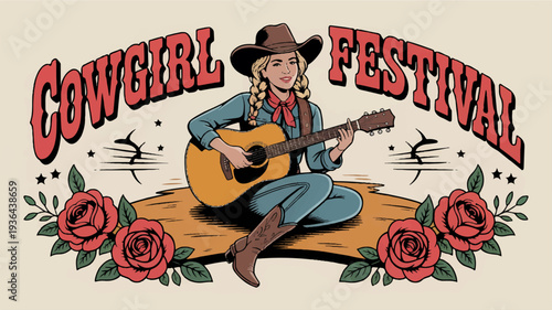 Country cowgirl musician playing guitar at festival with roses and western wear