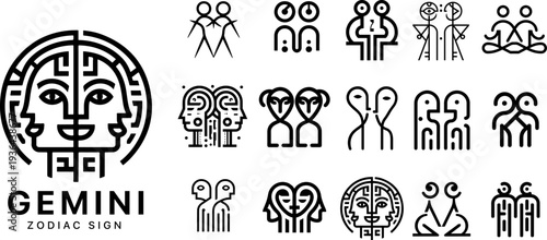 Gemini zodiac sign line art icons set, minimalist twins astrology symbols with modern geometric patterns