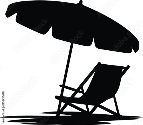 Beach umbrella and lounge chair silhouette summer seaside vacation relaxation black vector illustration isolated on white background tropical travel concept