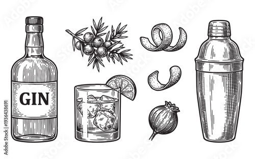 Dry gin bottle, cocktails, juniper berries, jigger and lemon engraving vector illustration