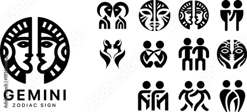 Gemini zodiac sign ethnic vector icons, monochrome twins symbols with ancient tribal ornaments