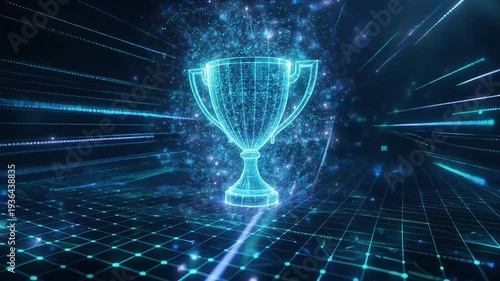 Glowing digital trophy cup with futuristic neon lights and circuit board background