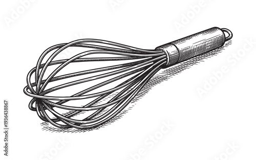 Wire balloon whisk on white engraving vector illustration