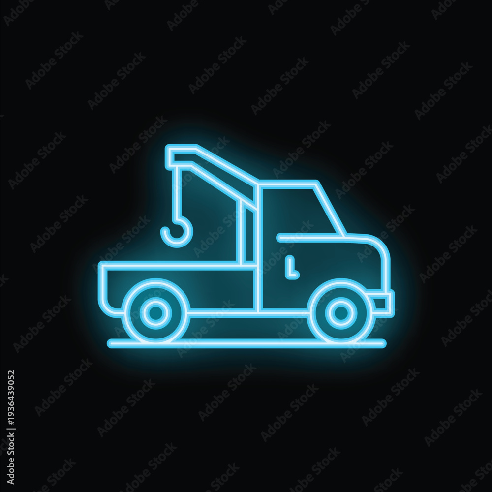 Fototapeta premium Blue neon sign is glowing against a black background, illustrating a tow truck