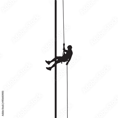 Silhouette of Industrial Climber Rappelling on Rope Vector Illustration