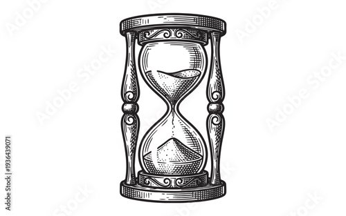 Highly Detailed Vintage Engraving of an Antique Hourglass with Falling Sand