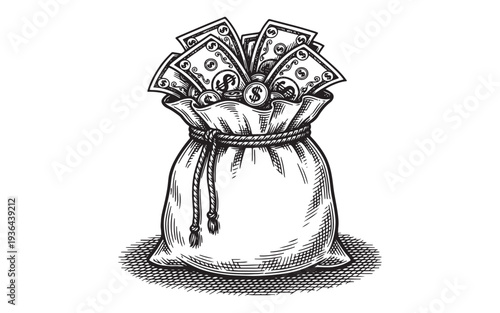 Vintage Engraving of an Overflows Canvas Money Bag Full of Cash